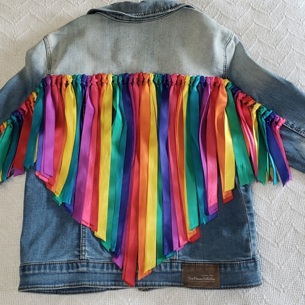 WOW! Zara Girls 11/12 Stretch Denim Jean Jacket Custom Western Rainbow Fringe